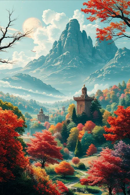The gorgeous oil painting designed by AI show a palace-level design sense and are pleasing to the eye. The design color is mainly green red purple like spring landscape with early morning sunlight. Midjourney_Whisper