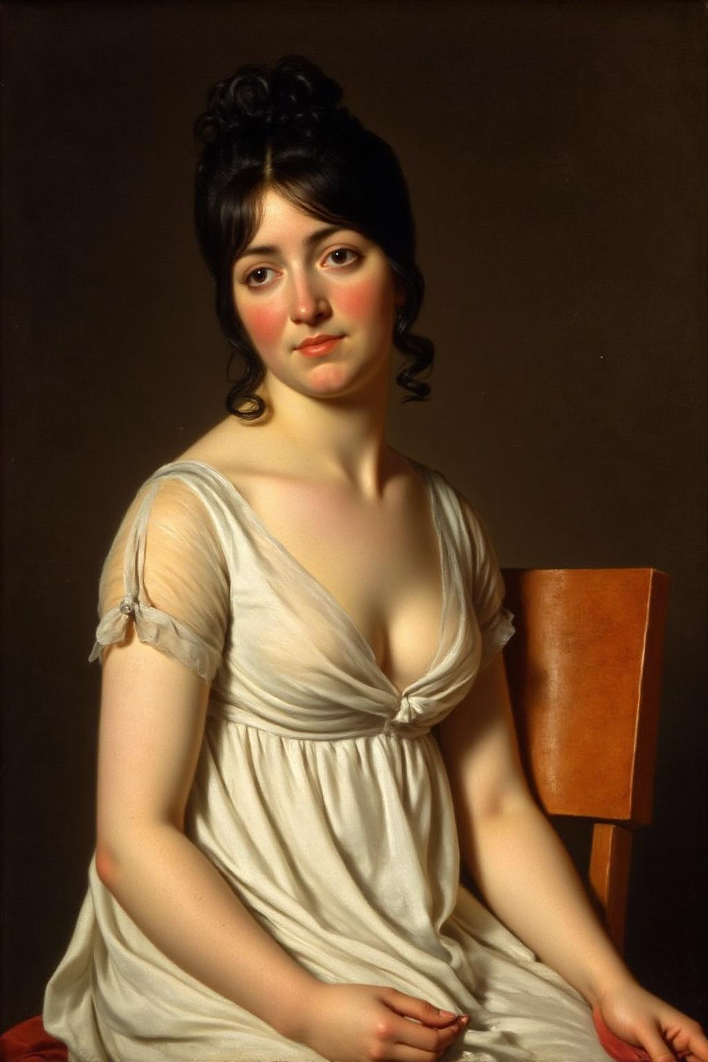 jldavid1 painting.
A woman with a fair complexion and dark, wavy hair styled in loose waves, adorned with a few strands falling over her forehead. She gazes directly at the viewer with a serene expression. She is dressed in an elegant, high-waisted white gown typical of the late 18th century, characterized by a draped, flowing fabric that accentuates her slender figure. The dress features delicate, sheer sleeves and a modest neckline. <lora:jldavid1_cap_d6a3:1.0><lora:815783807857970303:0>