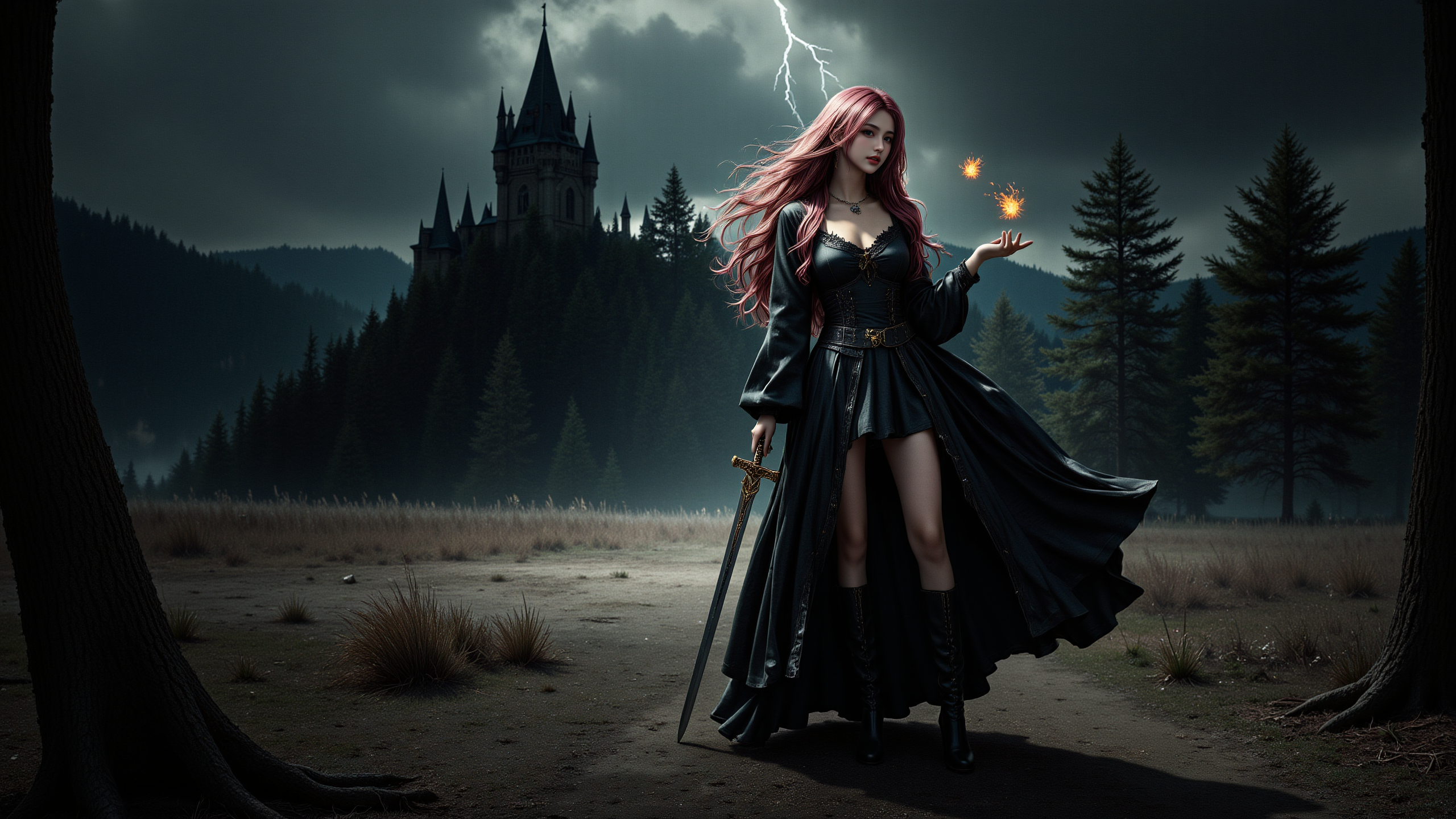 a long pink wavy haired woman with pale skin,dressed in a long,black,gothic-style dress and wearing a necklace with a plunging neckline and thigh-high boots. She holds a sword and two fire orbs in her right hand,standing in a dark,stormy forest. Behind her,a towering,ominous castle looms under a lightning-filled sky. The scene is eerie and fantastical,with a Gothic atmosphere.,<lora:yuukananri-base-02-flux:0.8>,yuukananri,she has a slender physique and a petite build,<lora:aidmaMJ6.1v0.4:0.6>,aidmaMJ6.1,