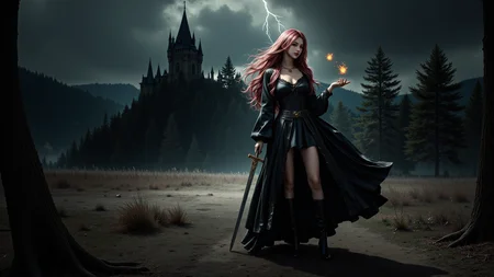 a long pink wavy haired woman with pale skin,dressed in a long,black,gothic-style dress and wearing a necklace with a plunging neckline and thigh-high boots. She holds a sword and two fire orbs in her right hand,standing in a dark,stormy forest. Behind her,a towering,ominous castle looms under a lightning-filled sky. The scene is eerie and fantastical,with a Gothic atmosphere.,<lora:yuukananri-base-02-flux:0.8>,yuukananri,she has a slender physique and a petite build,<lora:aidmaMJ6.1v0.4:0.6>,aidmaMJ6.1,