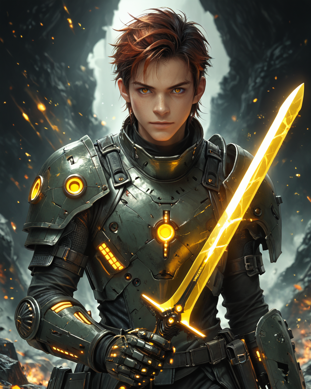 score_9, score_8_up, score_7_up, intricate details, rating_questionable, fantasy setting,
<lora:homri52:1>,
<lora:Plasma_Sword:1>,
1boy(human, young man, japanese, black hair, auburn eyes, science fiction, mercenary, carbon fiber armor, holding a plasma sword, glowing yellow Plasma Sword, crackling yellow energy around the sword, solo, cowboy shot), alien battlefield, craters, trenches, detailed background, depth of field, 
best quality,
<lora:ral-chrosc-clr:0.5>, ral-chrosc-clr,
<lora:Expressive_H:0.5>
<lora:xl_more_art-full_v1:0.3>,
<lora:add-detail-xl:0.3>,