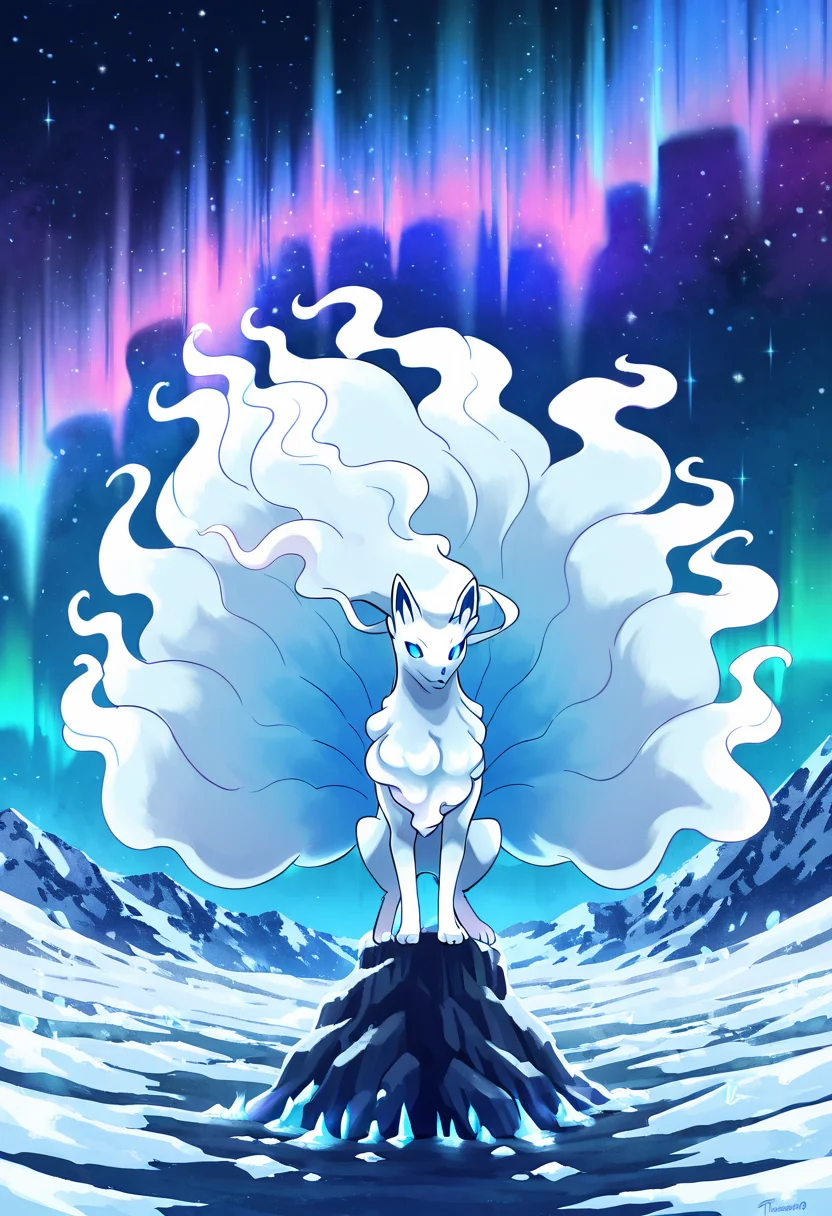 masterpiece, best quality, zzNinetalesA, moonlit glacier, glowing ice crystals, northern lights, crouched low, ready to pounce. Beneath an aurora-drenched sky, zzNinetalesA slinks silently across the glowing ice. Its paws glide with ghostly grace over a field of glimmering crystals. It pauses mid-step, body low and tense, as if the next movement might shatter the worldâs stillness. <lora:NinetalesAlolanPokedex_IXL_v1:1.0>,