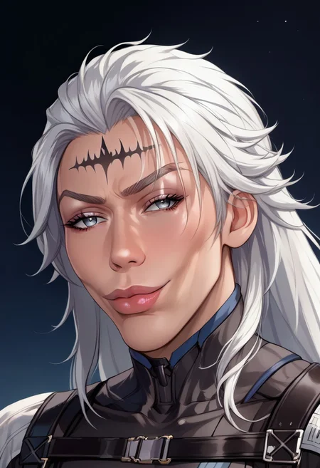 score_9, score_8_up, score_7_up, source_anime, SkylerWhiteYo, closed mouth, smile, lips, <lora:KzyGuyMeme:1>,  1 man, manly, face close up, Calcharo, wuthering waves, white hair, long white hair, face tattoo, bodysuit, grey eyes, black clothes