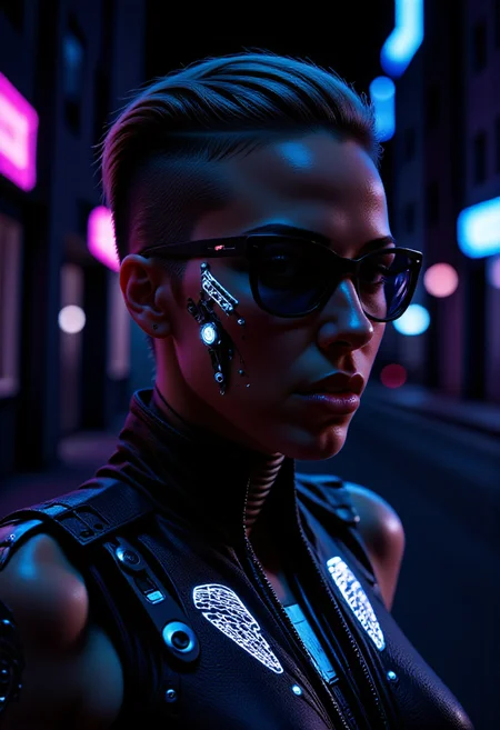 In a dimly lit cyberpunk alley, a portrait emerges of a confident young woman with cybernetic glowing augments and implants. Her face illuminated by the neon glow of the city. Her short undercut hair, with one side shaved, adds a bold edge to her appearance, while her terminator-style glasses reflect the vibrant cityscape. The focus is on her upper body, showcasing intricate cybernetic implants that merge seamlessly with her skin. Her expression, a mix of determination and intrigue, captures the essence of a woman navigating a world where technology and humanity intertwine. This close-up, with its atmospheric lighting and high level of detail, portrays a strong and independent individual, leaving viewers curious about her story in this futuristic urban environment.
, detailed photorealism style,