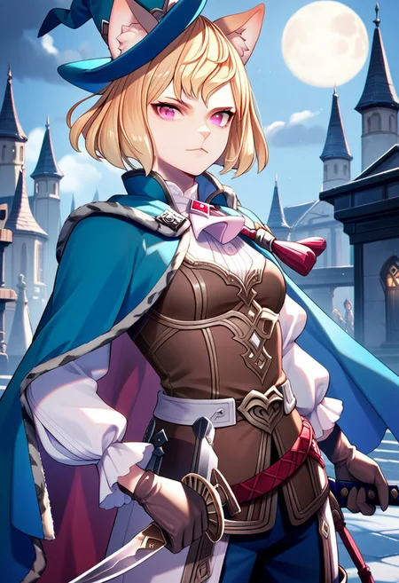score_9,score_8_up,score_7_up,source_anime, Morley (Visions Of Mana),1girl,solo,looking at viewer,red eyes,gloves,hat,holding,weapon,cape,holding weapon,knife,dagger,