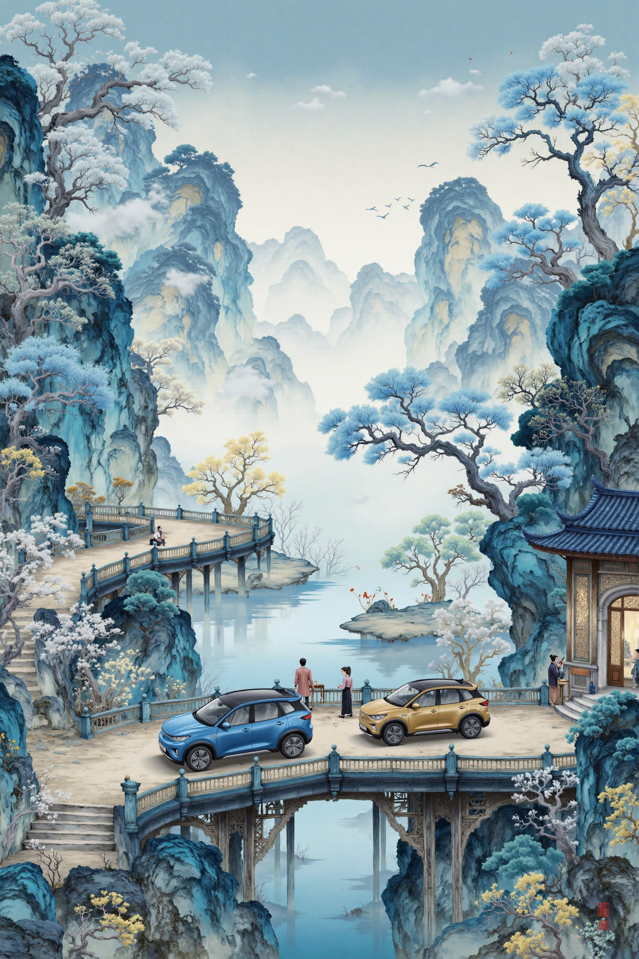 zgqtm_v3,Traditional landscape rendered with traditional splashed-ink landscape brushwork of mountain peaks and cloud mists,modern electric vehicles meticulously detailed driving on winding mountain roads,the silhouette of figures inside gazing out at the mountains and waters,in Zhang Daqian's artistic style,the fusion of ink wash and meticulous brush techniques,the collision of blue-green coloring and modern metallic textures,the inscription of "Oriental Intelligence" in calligraphy in the blank spaces,the texture of rice paper,vermilion seals,rendered in 8K ultra-high definition,