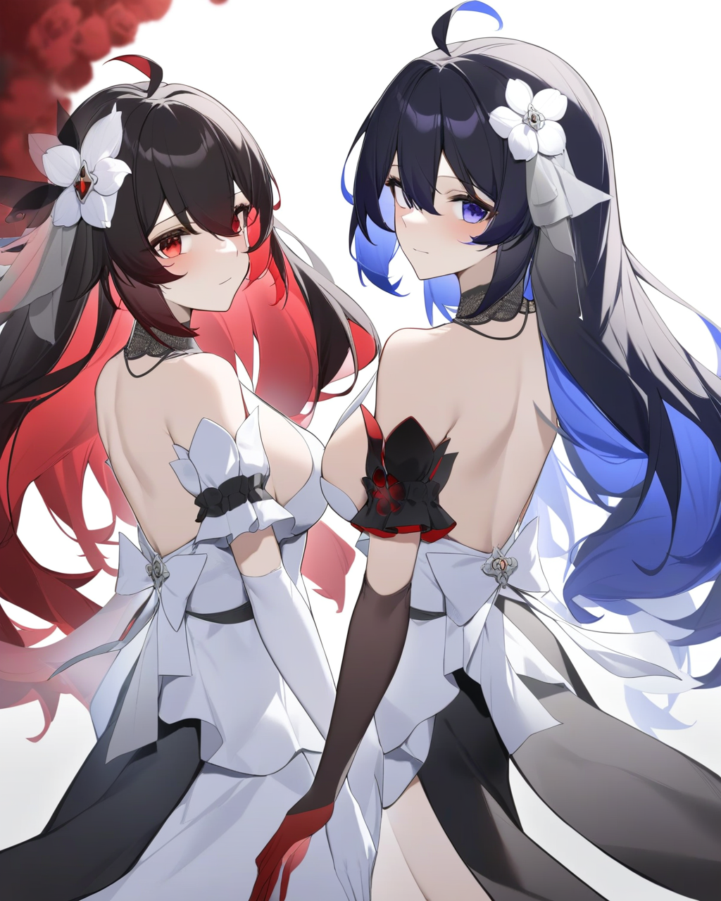 masterpiece,best quality,<lora:honkai_impact_all:1>,2girls, seele vollerei, seele vollerei \(starchasm nyx\), seele vollerei \(stygian nymph\), sideboob, absurdres, back, black dress, closed mouth, dual persona, elbow gloves, highres, honkai \(series\), honkai impact 3rd, looking at viewer, looking back, red gloves, seele \(alter ego\), simple background, sleeveless dress, white background, white dress, white flower, white gloves, yukizawa xueze