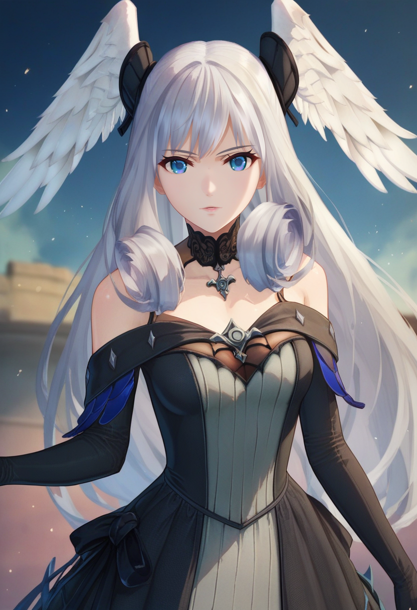 score_9, score_8_up, score_7_up, 1girl, solo, cowboy shot, queen, black bodice, black elbow gloves, hair ornament, melia antiqua, head wings, blue eyes<lora:xb3 melia xl 005 fro 995:1>