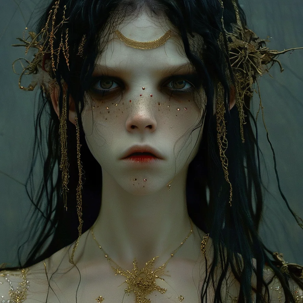 Horror-themed 1girl,solo,black hair,portrait,looking at viewer,long hair,lips,freckles,parted lips,grey eyes,artist name,<lora:renlian-000005:1>, . Eerie, unsettling, dark, spooky, suspenseful, grim, highly detailed
