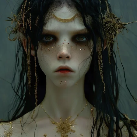 Horror-themed 1girl,solo,black hair,portrait,looking at viewer,long hair,lips,freckles,parted lips,grey eyes,artist name,<lora:renlian-000005:1>, . Eerie, unsettling, dark, spooky, suspenseful, grim, highly detailed