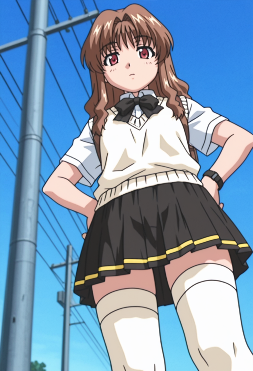 <lora:dmd2fast_sdxl_4step_lora_fp16:0.8>  <lora:Morino_Ichigo_Illust:1> morino_ichigo, 1girl, solo, onegai teacher, long hair, brown hair, wavy hair, red eyes, ||, anime screencap, || , white sweater vest, bow, wristwatch, skirt, thighhighs, zettai ryouiki, black skirt, hands on own hips, expressionless, backpack,  from below, blue sky, looking at viewer, outdoors, utility pole, power lines,
