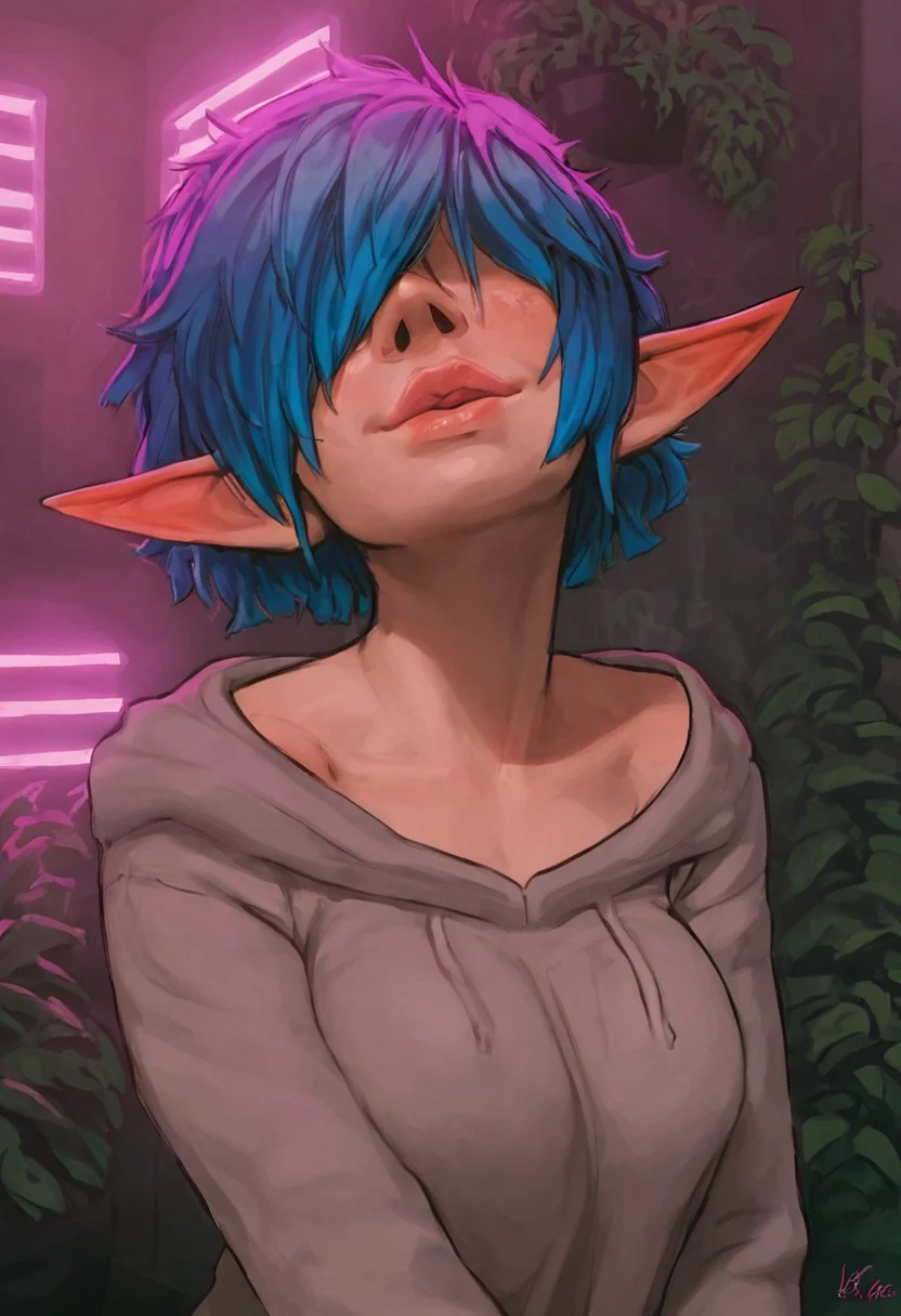 <lora:DarcyPony1.0:0.75> darcy, elf ears, 1girls, very short hair, pixie cut, solo, uncensored, face closeup, face shot, tomboy, large breasts,, blue hair, score_9, score_8_up, score_7_up, score_6_up, <lora:Smooth Anime Style LoRA XL:1>,
gray hoodie, grey hoodie,
thick lips, big lips, hair over eyes, messy hair, very messy hair, horny, smile, hair over face,lips focus,
, plants on the windowsill, wall of plants, monstera plant, large plant, tidy bedroom, small room, cramped bedroom, cyberpunk city view out of the window, neon light, purple neon lights,
