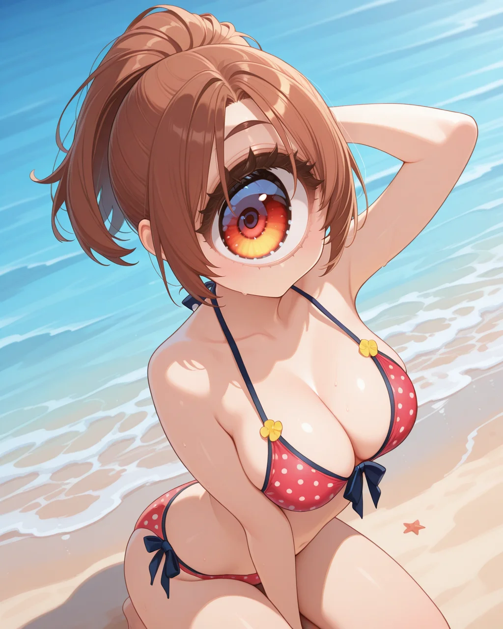 masterpiece,best quality,highres illustration,detailed face,1girl,cowboy shot,<lora:hugeeye_IL:1>,cyclops,brown hair,ponytail,polka dot bikini,kneeling,arm behind head,beach,