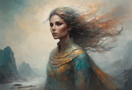 Wind Whisperer woman, controlling air currents, floating gracefully. megalithic structures. muted in color with subtle tones and is an intense fusion of raw emotion and visceral imagery style.