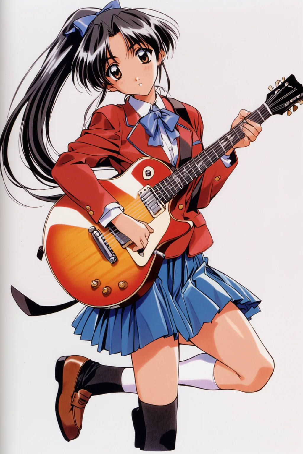 Chie Matsuoka,1girl,solo,instrument,long hair,skirt,school uniform,full body,guitar,simple background,ponytail,white background,shoes,loafers,pleated skirt,blazer,jacket,long sleeves,retro artstyle,socks,bow,1990s \(style\),ribbon,brown eyes,black hair,looking at viewer,<lora:Mizutani Tooru_XL:0.8>,