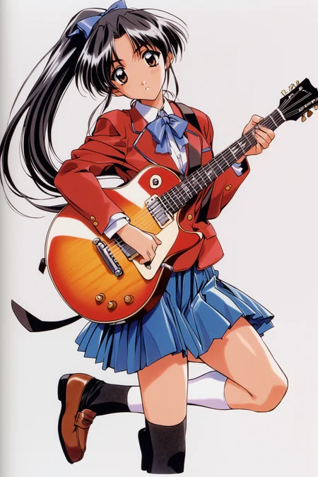 Chie Matsuoka,1girl,solo,instrument,long hair,skirt,school uniform,full body,guitar,simple background,ponytail,white background,shoes,loafers,pleated skirt,blazer,jacket,long sleeves,retro artstyle,socks,bow,1990s \(style\),ribbon,brown eyes,black hair,looking at viewer,<lora:Mizutani Tooru_XL:0.8>,