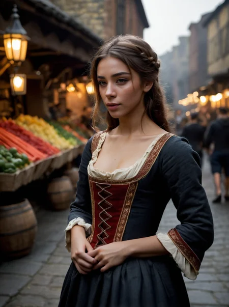 A portrait photograph of Amanda_Larsson_P_MXAI_SDXL wearing a medieval peasant dress, walking through a medieval city market, (((Ultra-HD-details, Ultra-HD-detailed, Ultra-HD-realistic, Ultra-HD-photo-same-realistic-quality-details))), SK_CINEMATIC, ziprealism
