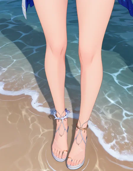 1girl, cartethyia, detached sleeves, feet, strappy heels, toes, toe ring, toenails, anklet of thorns, bare legs, from above, lower body, foot focus, standing, water, caustics <lora:cartethyia-noob-e-v1:0.8>