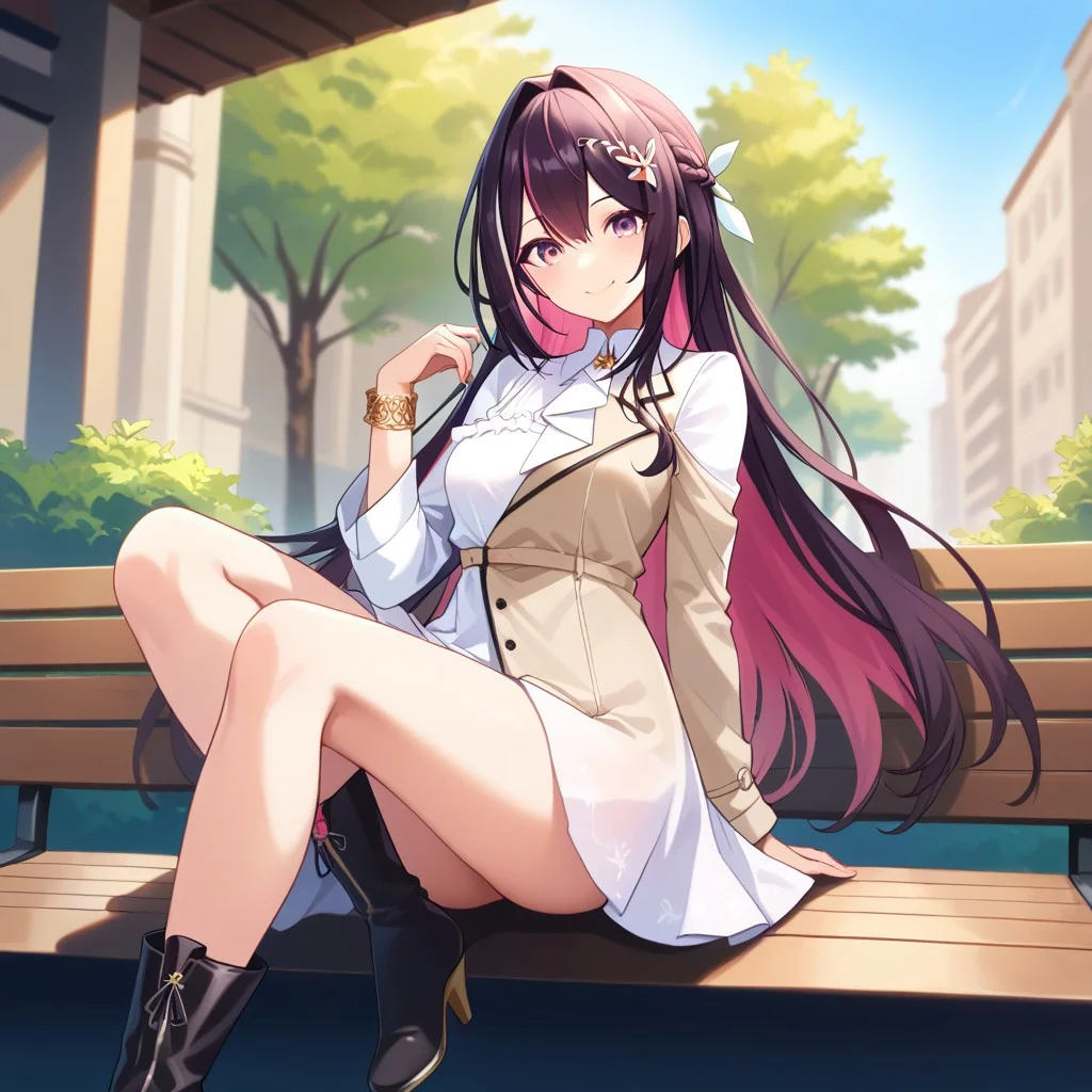 score_9, score_8_up, score_7_up,Captivating Eye Reflections,beautiful detailed eyes,lower eyelid,beautiful detailed face,BREAK ,source_anime,AZKi-default/Hololive,1girl,medium breast,long hair,sideburns,multicolored hair,streaked hair,dark purple hair,pink colored inner hair,light magenta eyes,hair accessory,white and blanchedalmond clothes,long sleeves,gold bracelet,bare legs,black boots,
smile,street,outdoors,sitting on the bench,blue sky