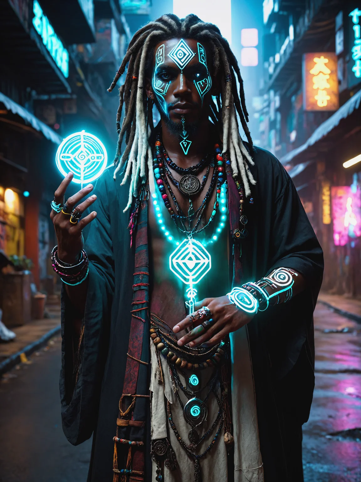 man holding talisman, cyberpunk, glowing runes, Caribbean, white face paint, robe, jungle, dread locks, beads, magic, dark skin, mad-vdprst , night, neon signs, garbage, haze, dynamic pose <lora:Neon_Cyberpunk_Voodoo_Mage_SDXL:0.8>, (masterpiece:1.2), best quality