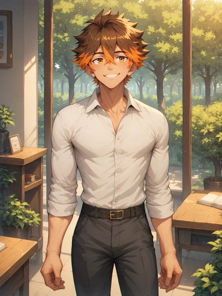score_9,score_8_up, ad-caio,brown hair,orange eyes, orange hair, two-tone hair,hair between eyes,male focus,<lora:AIDudes-CaioMerge5:0.8>,<lora:xl_more_art-full_v1:0.5>,<lora:add-detail-xl:1>, smile, indoors,school, standing, yellow pyjama,tree,âââ