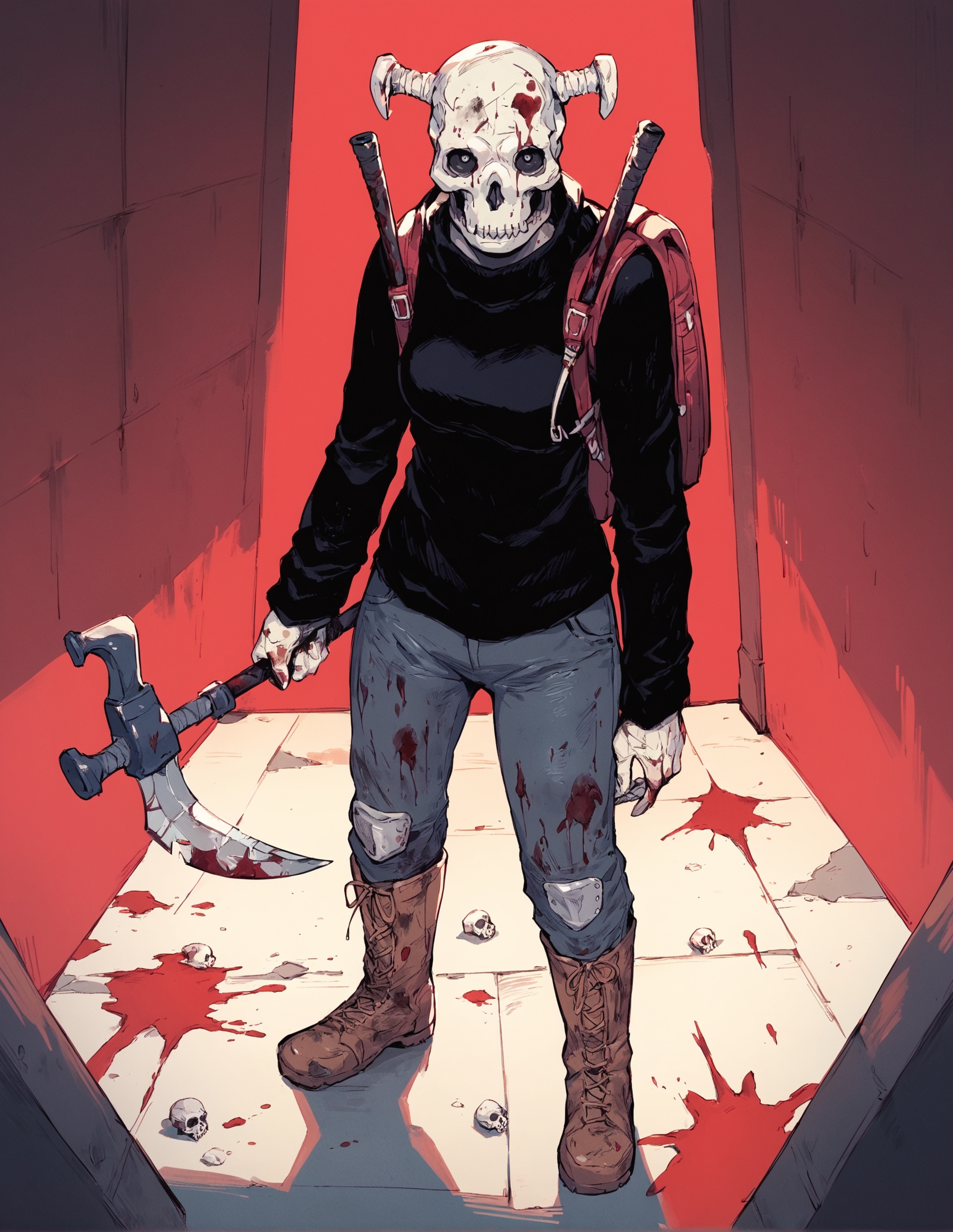 score_9, score_8_up, score_7_up,score_6_up,high resolution,qhayastyle,ebisu,skull mask,1girl,street,rim lighting,dof,solo,pov,scythe,black sweater,pants,boots,backpack,dirty,blood,red background