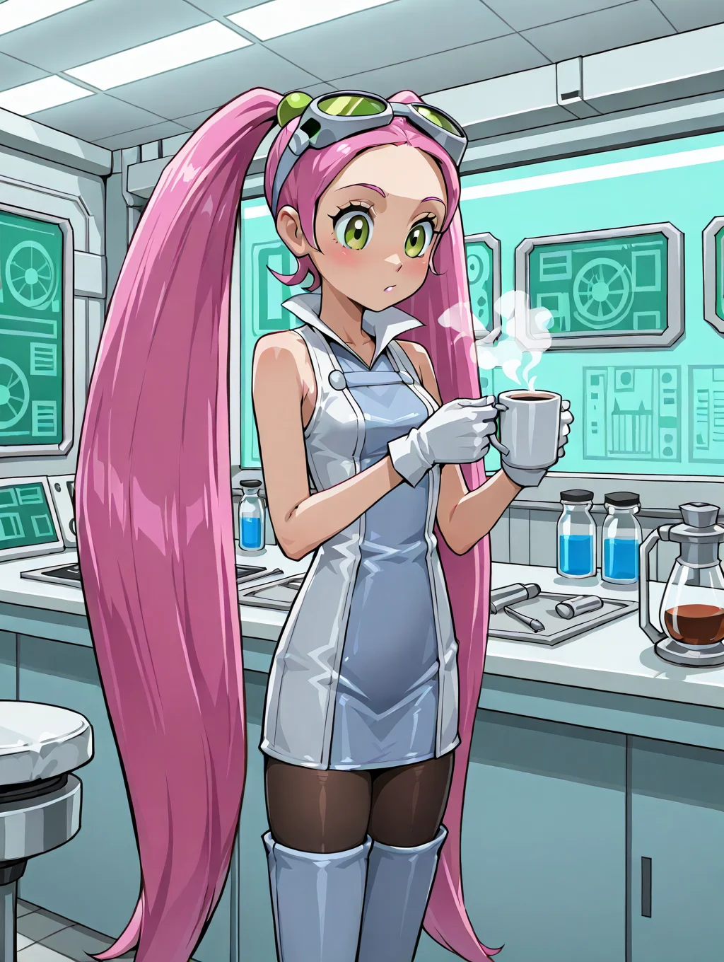 <lora:Lovrina_IL_NS:1> 1girl, lovrina, white gloves, short dress, pantyhose, thighboots, goggles on head, laboratory, holding, cup of coffee,