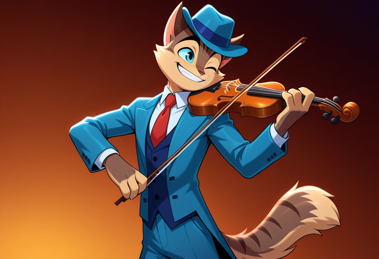 incredible quality, shiny skin, high quality, highres, rocky rickaby, rocky rickaby, furry, furry male, cat, 1boy, male focus, hat, instrument, solo, violin, furry male, necktie, smile, furry, blue eyes, playing instrument, tail, grin, formal, suit, watermark, music, one eye closed, animal ears, red necktie, blue headwear, brown fur