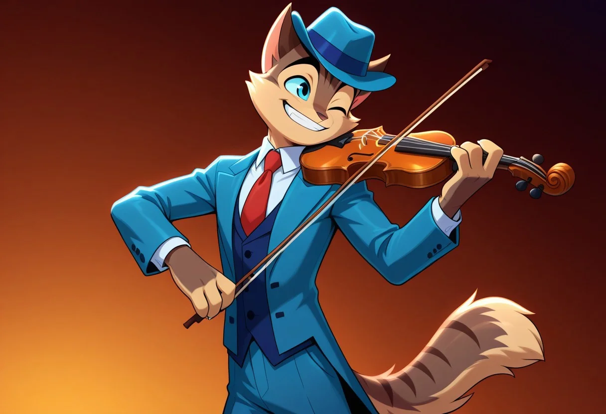 incredible quality, shiny skin, high quality, highres, rocky rickaby, rocky rickaby, furry, furry male, cat, 1boy, male focus, hat, instrument, solo, violin, furry male, necktie, smile, furry, blue eyes, playing instrument, tail, grin, formal, suit, watermark, music, one eye closed, animal ears, red necktie, blue headwear, brown fur