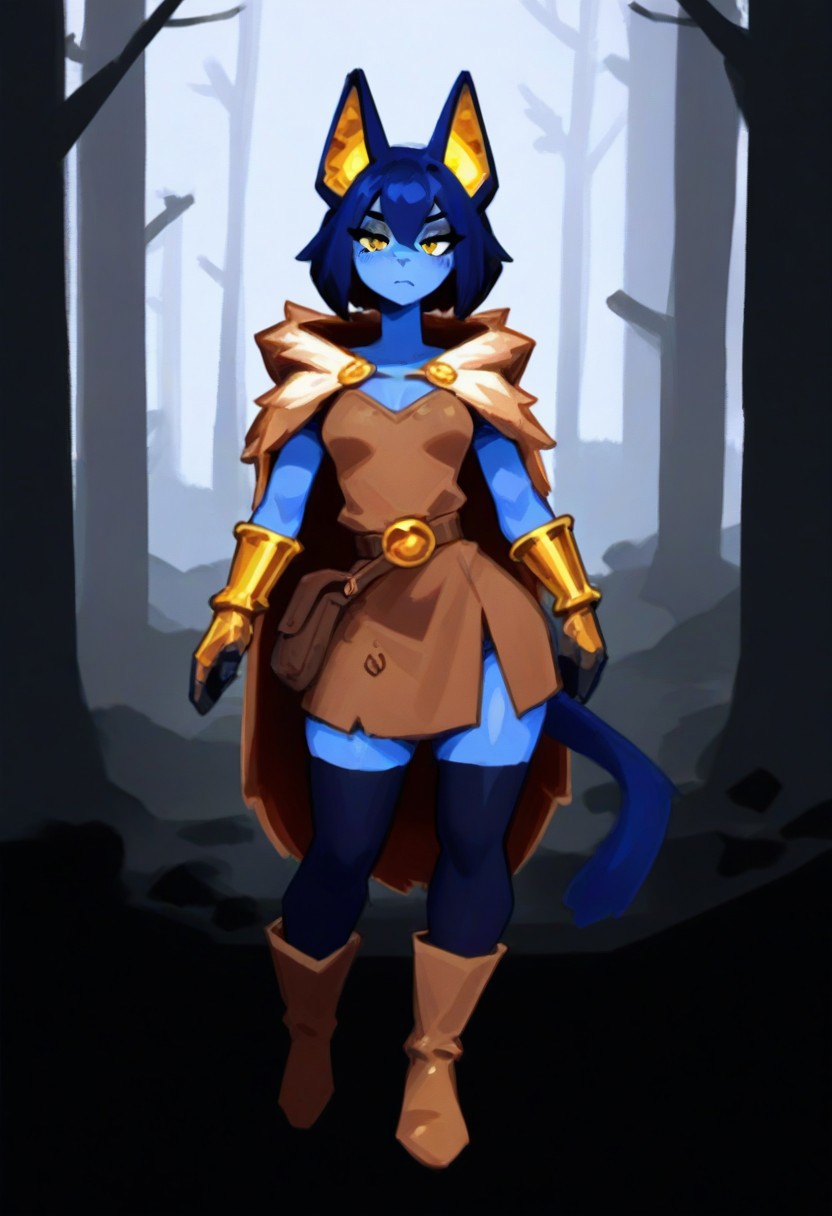 <lora:AshFondue_Illustrious_v8:0.9>, no lineart, 
blue cat ears, blue cat tail, (blue skin: 1.4), colored skin, yellow eyes, cat pupils, dark blue hair, medium hair, bobcut, doll joints, bored, jitome, black eyeshadow, flat breasts, medium hips, short, dark blue ears, dark blue tail, gold inner ear, gold details,  thief cloak, fur trim, long sleeve tunic, belt, purse, black leggings, boots, long gloves, long boots, skirt, dirty clothes, dark clothing, brown and black clothes, thick clothes, bracers, rogue, thief, fantasy, woods, hood down, thick gloves, gold forearm bracers,
BREAK masterpiece, best quality, detailed background,