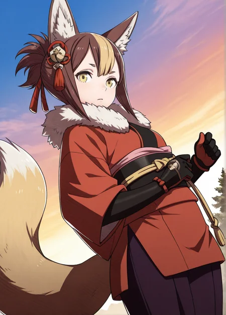 masterpiece, best quality, amazing quality, very aesthetic, absurdres, newest, detailed background, cowboy shot, outdoors, dynamic angle,
fireemblemxd, 1girl, tail, fox ears, solo, animal ears, fox tail, blonde hair, multicolored hair, yellow eyes, gloves, fur trim, brown hair, japanese clothes, two-tone hair, streaked hair, hair ornament,
looking at viewer, dynamic pose,
<lora:Fire_Emblem_Style:1>