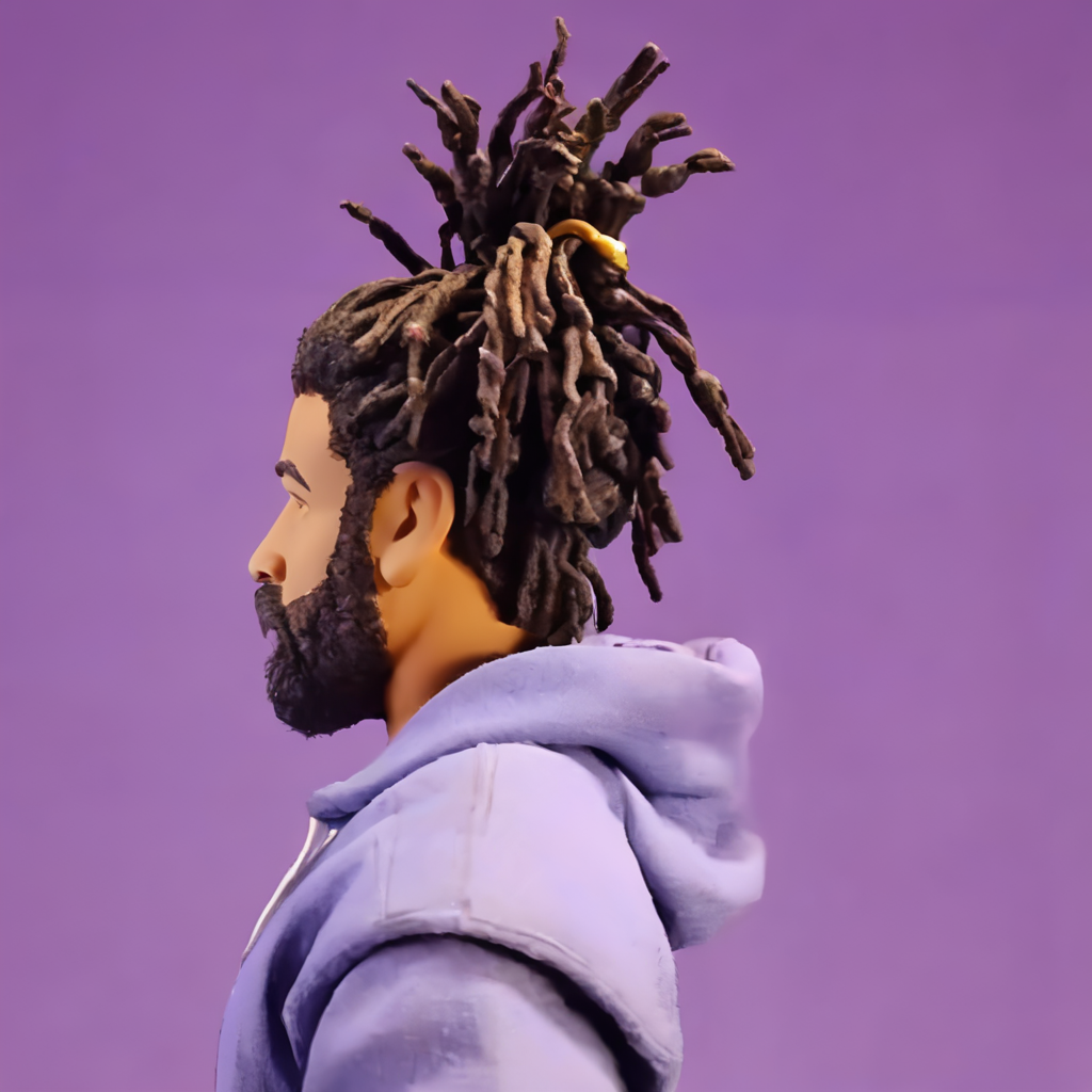 a photo of a cinematic still of rhwrld , dreads in a bun in the style of rbtchkn <lora:riiahworldxl:1> rhwrld <lora:jcoleXL:0.7> robot chicken, rbtchkn, robot chicken tv show, stop motion, depth of field , close up