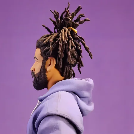 a photo of a cinematic still of rhwrld , dreads in a bun in the style of rbtchkn <lora:riiahworldxl:1> rhwrld <lora:jcoleXL:0.7> robot chicken, rbtchkn, robot chicken tv show, stop motion, depth of field , close up