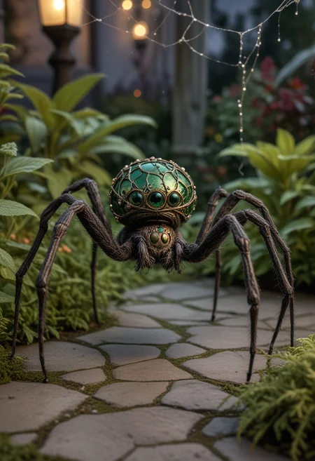 (medium full shot) of (spooky spider) with a green camouflaged exoskeleton, small size, hairy legs with pointed tips, orb web with decorative elements, jeweled abdomen, located in a tranquil garden, with neatly arranged flora, intricate web designs, gentle breezes, and a peaceful vibe, during twilight, Masterpiece,best quality, photo, realistic, very aesthetic,