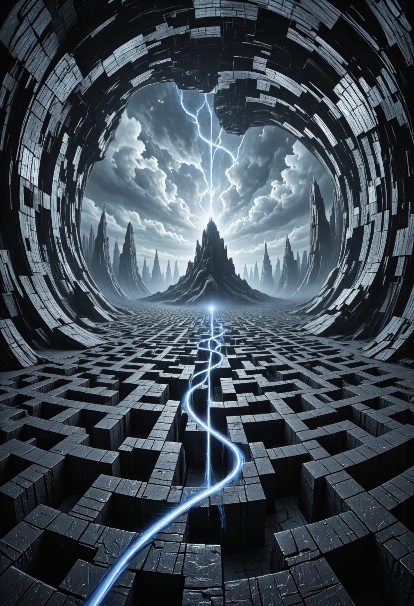 <lora:Pieper-Geometrics-Shadowworld:0.8>,A vast labyrinth sprawls out beneath a surreal, shifting sky, designed with an intricate network of twisting pathways and high walls that seem to bend reality itself. The corridors of the maze fold in on each other, creating dizzying perspectives and impossible angles. Shadows and light interplay across the paths, enhancing the illusion of depth and disorientation. OP Art, Geometric Shapes, light fill the shapes becoming more and more transparent and brilliant. patterns dance and constrict and pulse.,