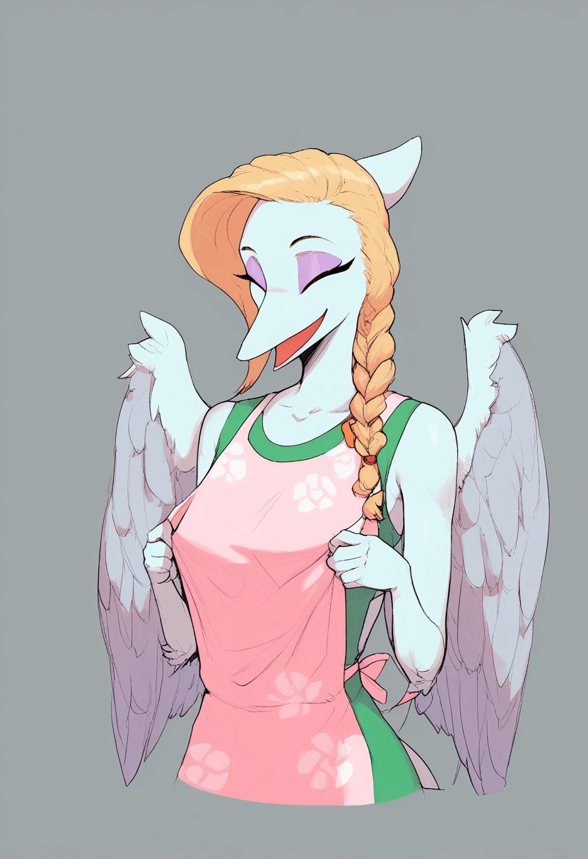 score_9, score_8_up, score_8. score_9, score_8_up, score_7_up, ,masterpiece, 4k, high quality, (best quality:1.1), 1girl, orange eyes, makeup, eyeshadow, breasts, wings, colored skin, furry, feathered wings, furry female, white wings, grey wings, snout, long snout, feathers, braid, solo, closed eyes, blonde hair, open mouth, apron, grey background, simple background, furry female, long hair, single braid, smile