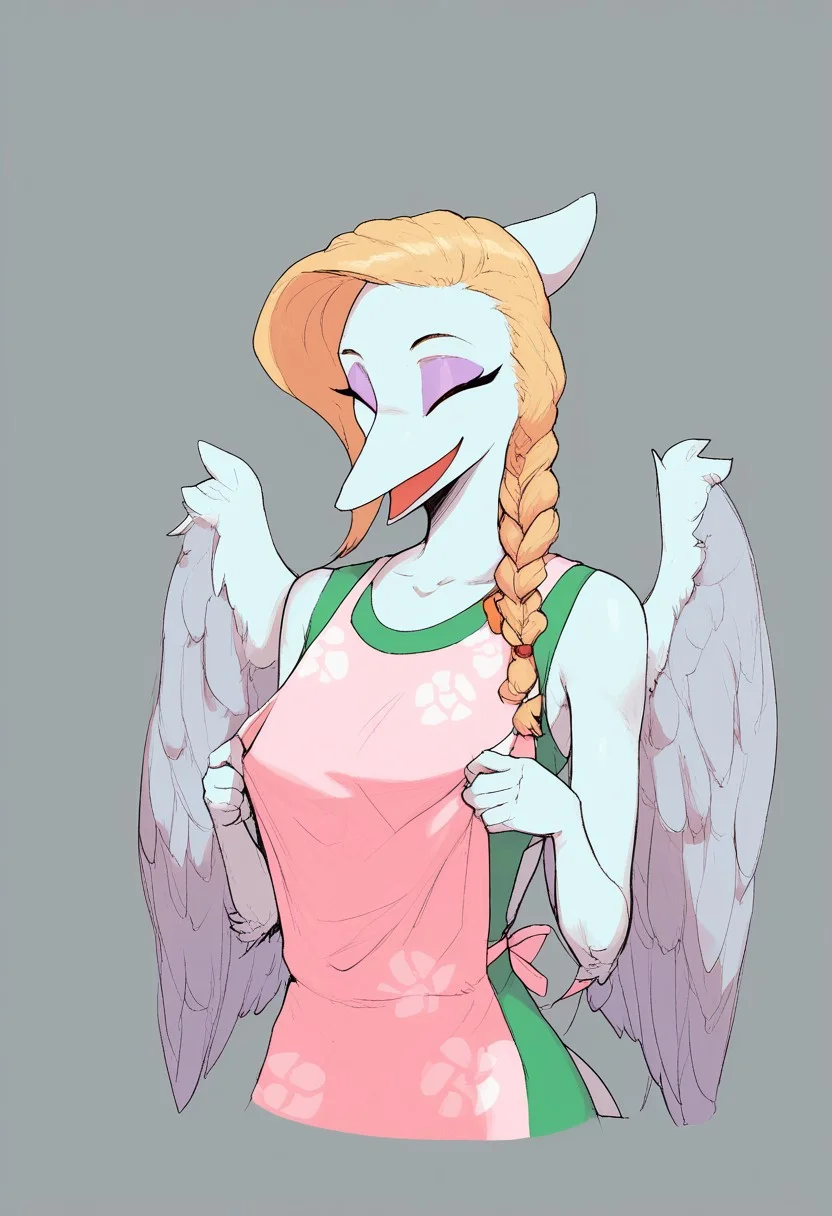 score_9, score_8_up, score_8. score_9, score_8_up, score_7_up, ,masterpiece, 4k, high quality, (best quality:1.1), 1girl, orange eyes, makeup, eyeshadow, breasts, wings, colored skin, furry, feathered wings, furry female, white wings, grey wings, snout, long snout, feathers, braid, solo, closed eyes, blonde hair, open mouth, apron, grey background, simple background, furry female, long hair, single braid, smile
