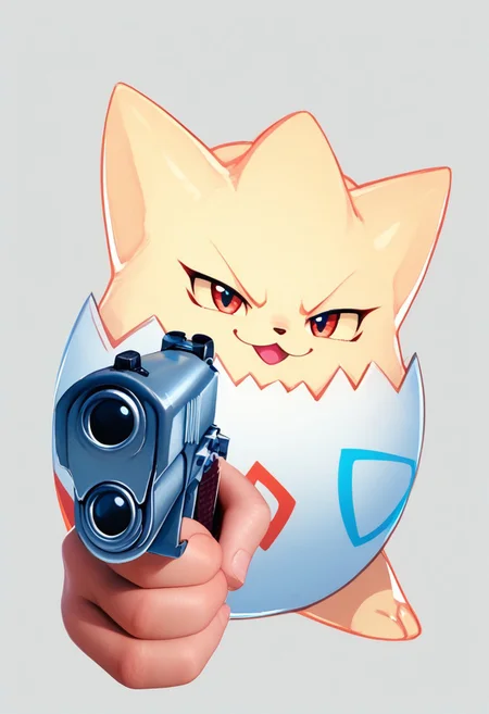 score_9, score_8_up, score_8, cute,      
rating safe, 
BREAK,
tgpi, open mouth, black eyes, frown, evil face, smug, 
holding weapon, handgun, holding gun, aiming at viewer, revolver, finger on trigger,
BREAK,
smile, looking at viewer, 
zPDXL, Expressiveh