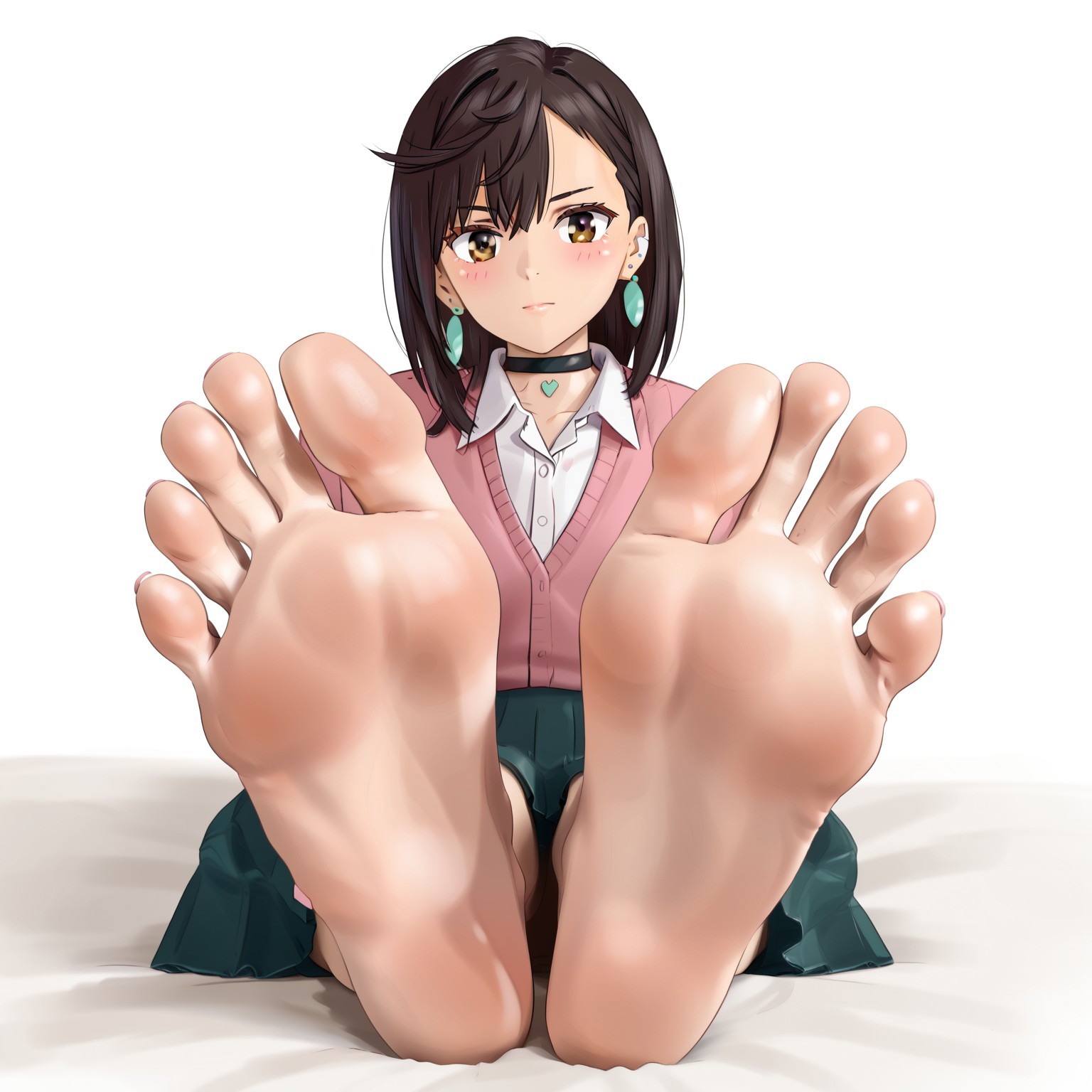 ayase momo, black choker, blush, medium hair, brown eyes, pink sweater, dress shirt, pleated skirt, earrings, pink ribbon, bed, sitting, barefoot, soles, foot focus, close up, spread toes, white background