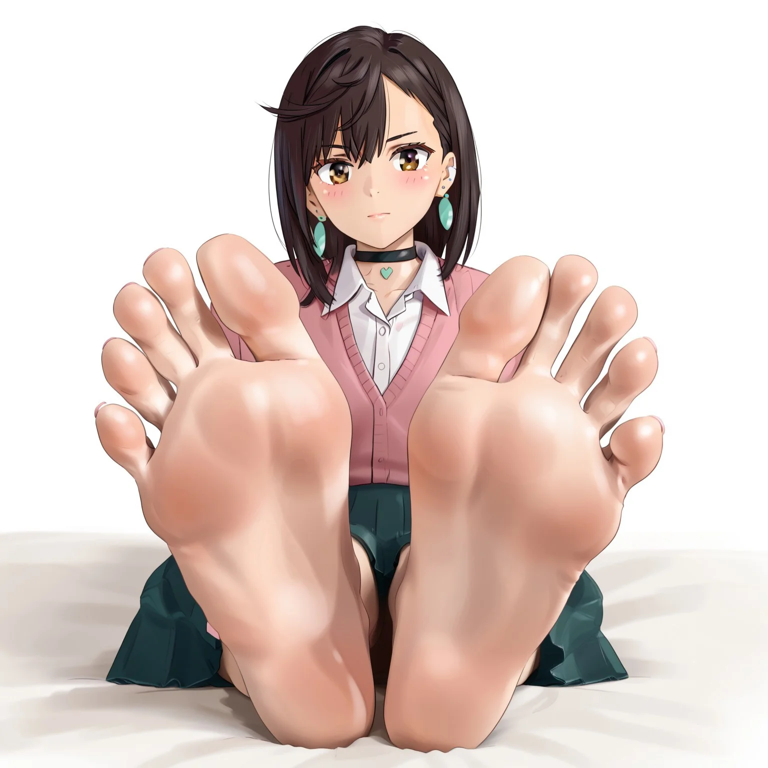 ayase momo, black choker, blush, medium hair, brown eyes, pink sweater, dress shirt, pleated skirt, earrings, pink ribbon, bed, sitting, barefoot, soles, foot focus, close up, spread toes, white background
