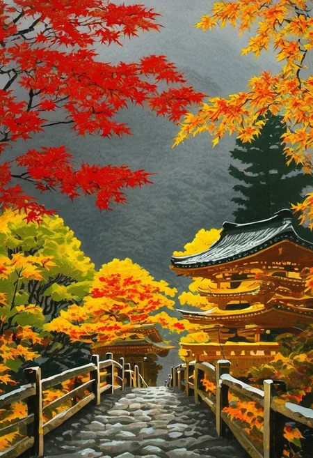 Autumn at Nikko Shrine, vibrant maple leaves in fiery red and yellow against cold gray stone lanterns and black lacquer gates.