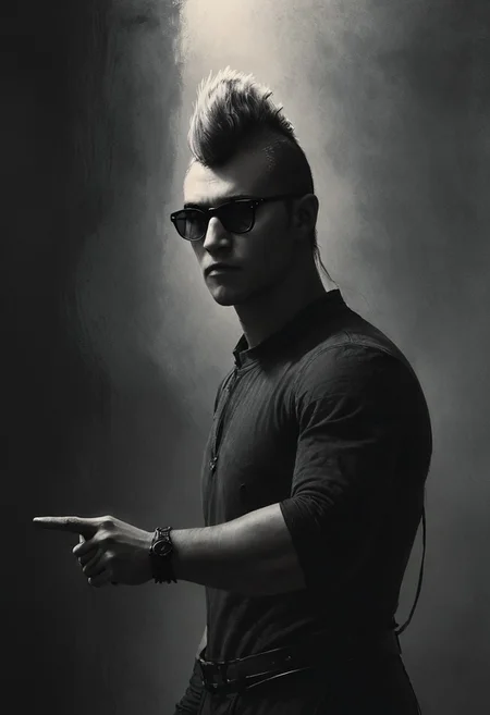 civitametapunkSDXL, 1boy, ash mohawk hair, black suit, dark glasses, pointing with a finger,<lora:MattSchustyle3:0.1> MattSchu, dark atmosphere <lora:Rafael_DeSoto:1.2> 1960s, Rafael DeSoto style, black and white photo, dramatic photo, low key light, Rembrandt Lighting style, Rembrandt shadow style, Black and white art, black pencil shading, charcoal drawing, toned paper, pencil drawing, brutal dark b/w color scheme