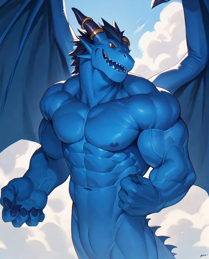 score_9,score_8 up,score_7 up,score_6 up,blue_dragon,dragon,wings,horns,blue body,red eyes,muscles,muscular,<lora:Blue_Dragon:1>,