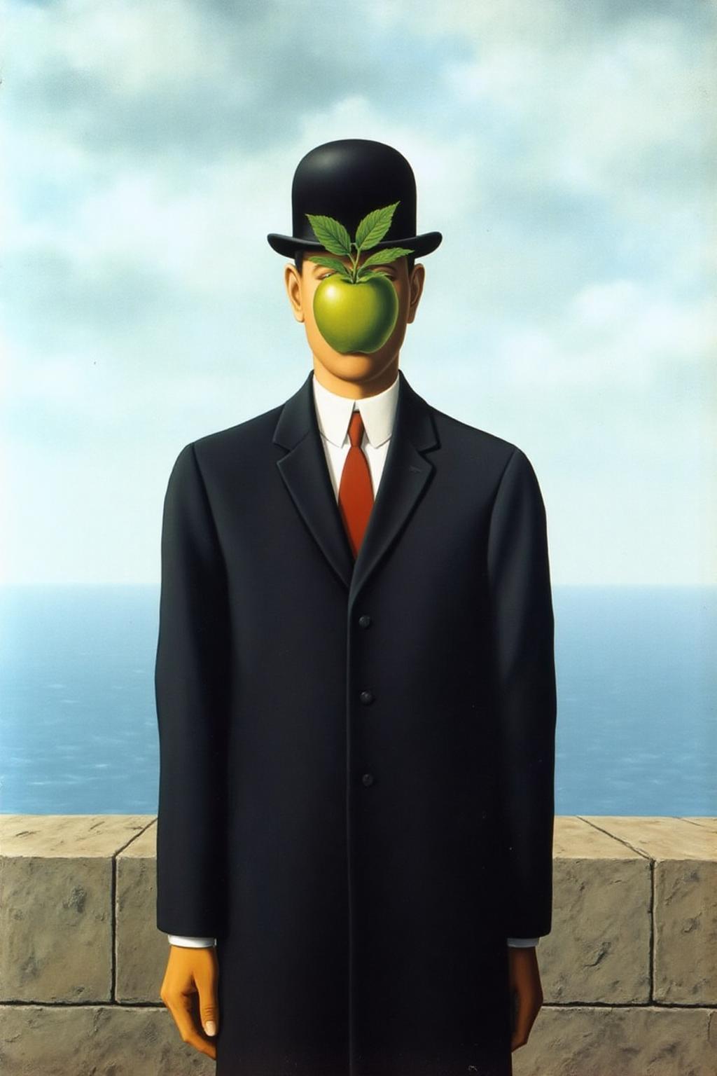 renemag1 painting.
renemag1 painting. A man wearing a bowler hat is standing against a serene, slightly overcast sky with a calm, deep blue sea visible in the background. The man is dressed in a dark, long-tailed suit with a white shirt and a red tie. His face is obscured by a green apple, with a stem and leaves sprouting from the top, creating a surreal and whimsical effect. 
 <lora:renemag1_cap_d6a3:1.0><lora:829584285104130725:0>