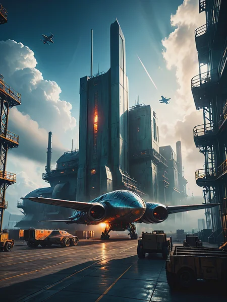 impactful color paint of (futuristic:1.5) a huge military factory made of steel, glass, fog, sun, in the clouds, , futuristic military planes, moody tones, old book style ink cover illustration, on parchment <lora:Bold_Pop:0.5> highly detailed, vibrant colors , 8k, sharp, professional, clear, high contrast, high saturated, , vivid deep blacks, crystal clear