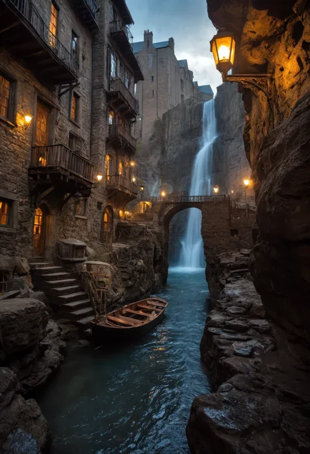 A sprawling, intricate city built into a rocky cliffside, glowing with warm golden lights from windows and lanterns, its architecture a rich fusion of medieval and steampunk design, featuring timber-framed buildings, exposed metal gears, pipes, and winding staircases, a powerful waterfall cascading down the center of the cliff adds dynamic movement and sound to the scene, mist drifting through narrow alleys and bridgeways, in the foreground a small wooden boat with two cloaked figures weaves through dark waters flanked by jagged rocks, the overcast sky filters sunlight faintly through broken clouds, casting a soft mystical glow over the city, the palette blends earthy browns, stone grays, and cool blues, enhancing the fantastical, immersive atmosphere, cinematic composition with rich environmental depth and ultra-fine detail