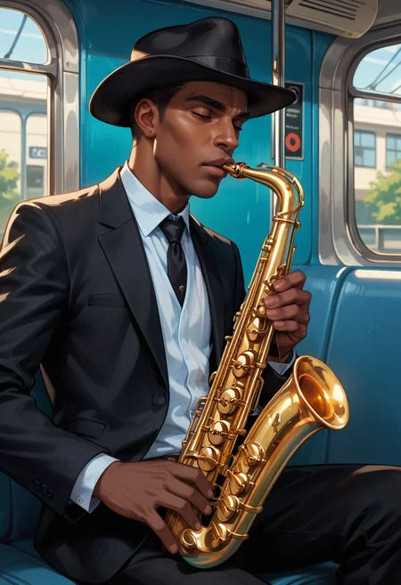 score_9, score_8_up, score_7_up, score_6_up, score_9, score_8_up, score_8, 1man, skinny, playing instrument, saxophone, african american, black, black skin, black suit, black hat, close up, portrait, subway, train, SH_S4X, instrument, (solo), solo focused, mouth slightly open, playing instrument, facing left, <lora:Sheeps_Saxophone:0.8>