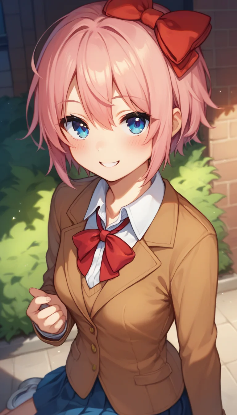 score_9,score_8_up,score_7_up,score_6_up BREAK official art,solo,outdoors,upper body,(portrait:1.5),looking at viewer,facing viewer,smile,blush,Sayori,short hair,pink hair,hair bow,red bow,hair between eyes,parted bangs,blue eyes,school uniform,brown jacket,blazer,wing collar,neck ribbon,red ribbon,brown sweater vest,white shirt,collared shirt,long sleeves,small breasts,skindentation,miniskirt,blue skirt,pleated skirt,white socks,uwabaki,white footwear,<lora:Sayori(ddlc)-Pony:1.8>,