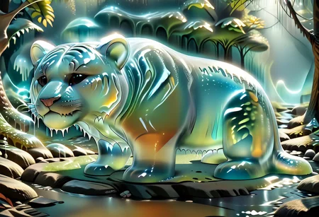 animal_guardian, tiger, a white tiger with black stripes, Tiger made out of slime, slime tiger in a jungle, jungle made out of slime,
natural light, no bright spots,
((translucent slime)), ((transparent slime)), made of water, (bioluminescent slime), sl1m3, slime, slime-morph, ais-blmn, saturated colors, no creatures, no humans, no monsters, no pokemon, watce, je11y, gummymorph