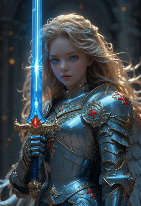 Female Archangel wields a glowing celestial sword, She represents the glory of God to protect humanity. Her eyes looks determined in affection. Her face is calm and compassionate, Her hair was slightly blown by the wind. She really portrayed a serene figure with a radiant aura. She is depicted in her divine form a majestic,  She is adorned with a shining halo and resplendent golden armor that reflects her celestial origins. Her wings are large, white, and feathery, spreading out behind her in a display of divine grace. A glowing beautiful red Cross in the middle of her chest. A glowing bright aura of blue Cross hovering above her head. (sharp focus:1.2), (best quality, masterpiece:1.5), (32k resolution, HDR, RAW photo, realistic, photorealistic, uncanny realism:1.5), high contrast, incredibly lifelike, Canon EOS R3, colorful, photography,, strong film grain, pureerosface_v1, hkstyle,